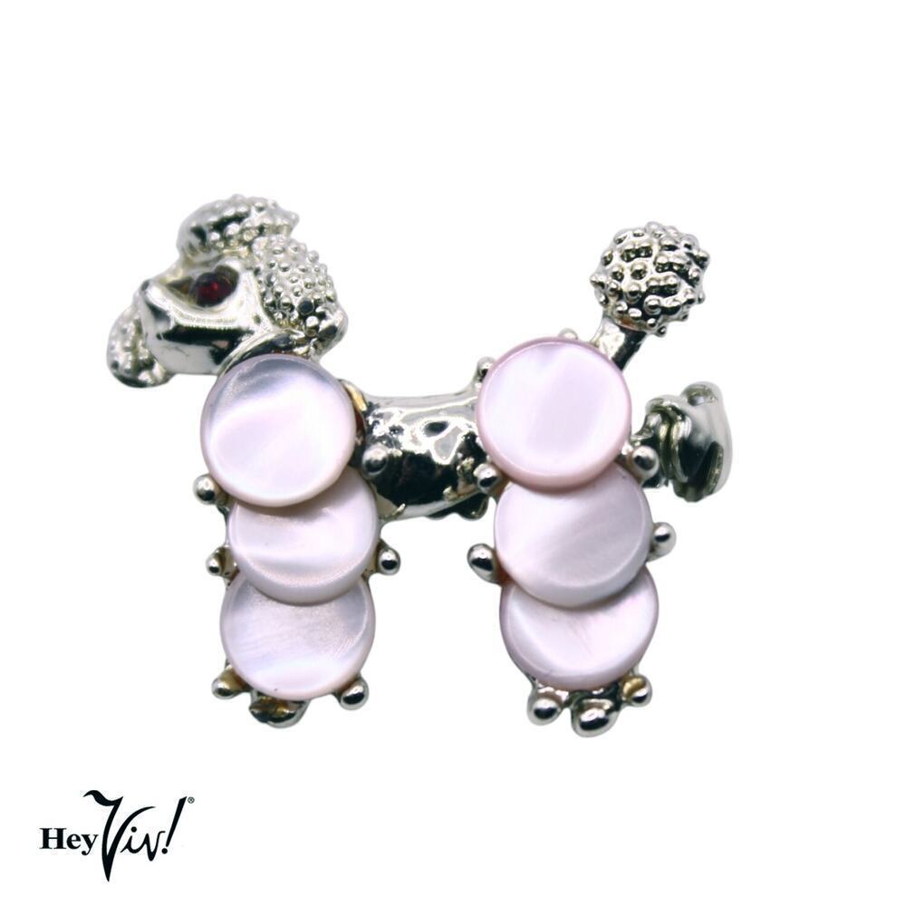 Vintage Poodle Scatter Pin Silver Metal w MOP Mother of Pearl 1" Across- Hey Viv